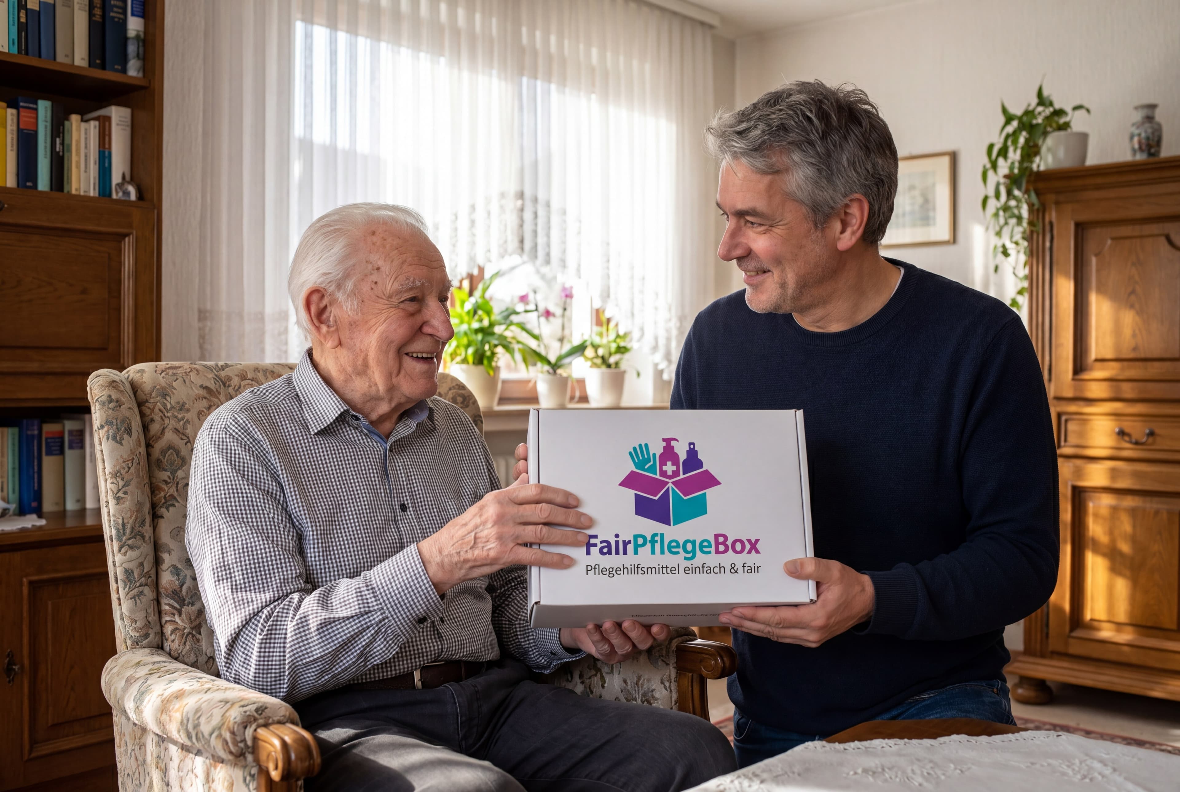 Älterer Herr mit FairPflegeBox im Wohnzimmer
