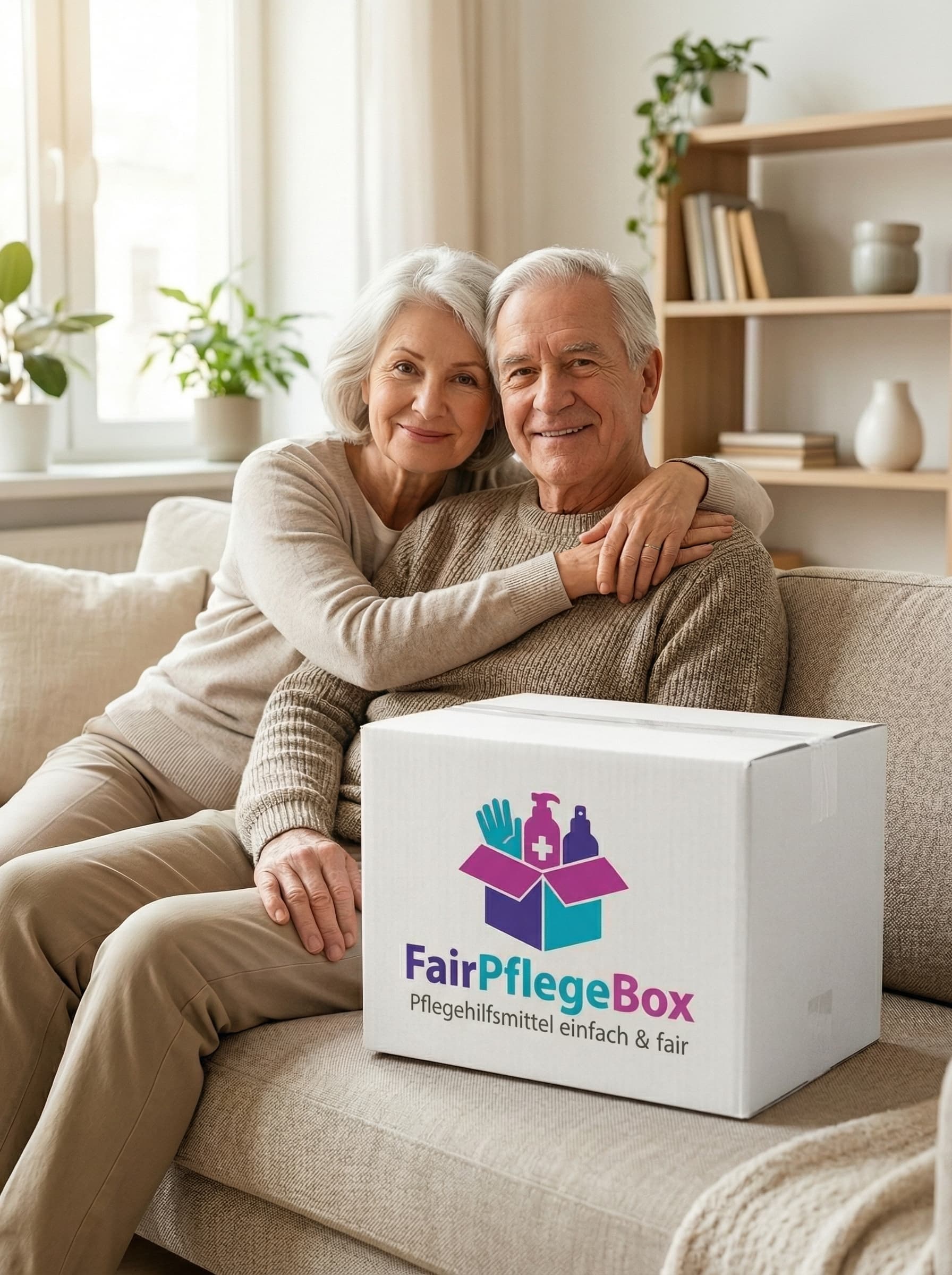 Älteres Paar mit FairPflegeBox auf dem Sofa