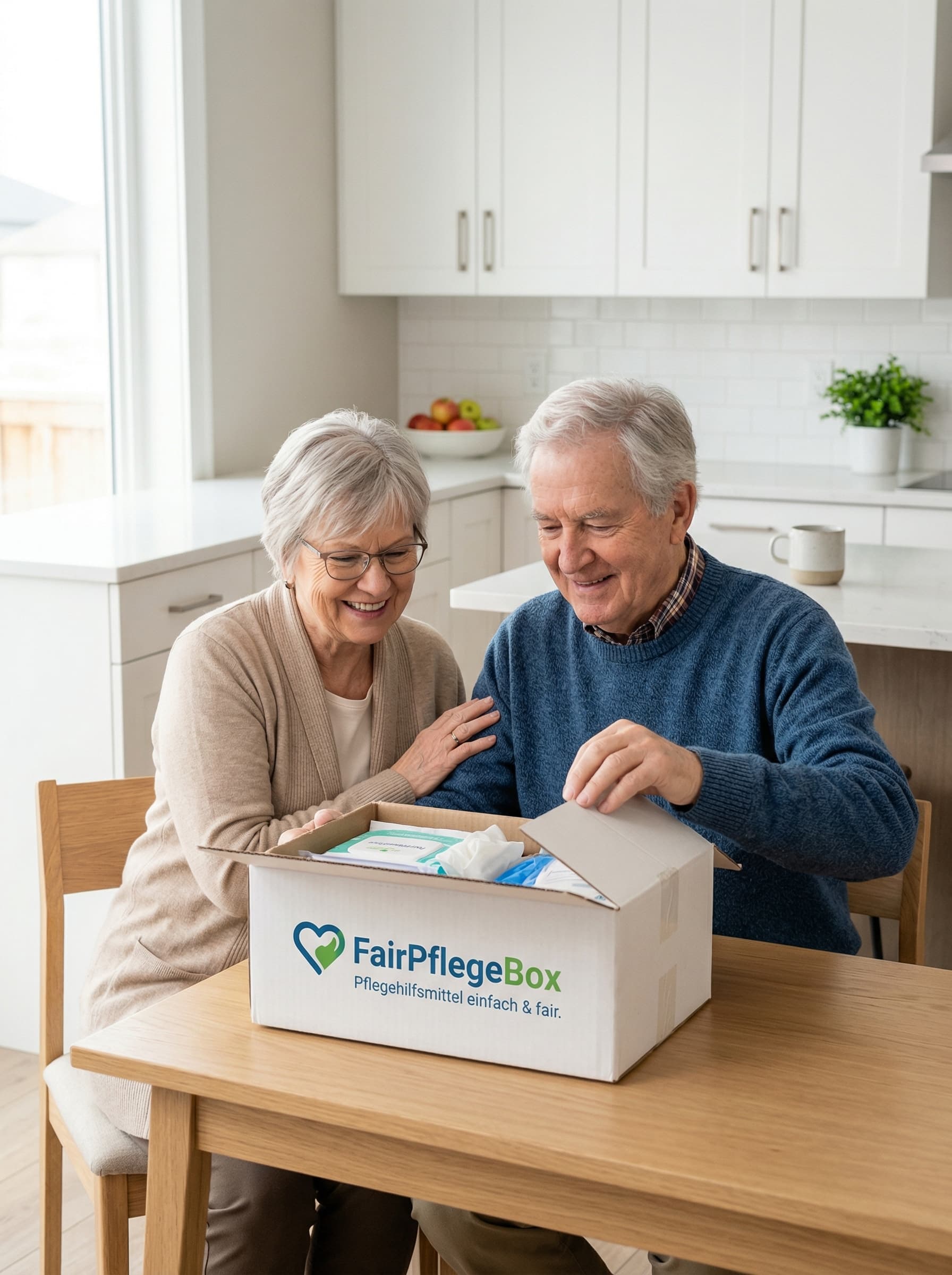 Älteres Paar öffnet FairPflegeBox Lieferung zu Hause