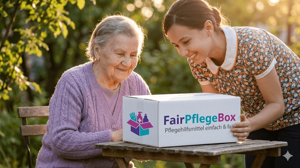 Seniorin und Betreuerin freuen sich über FairPflegeBox im Garten