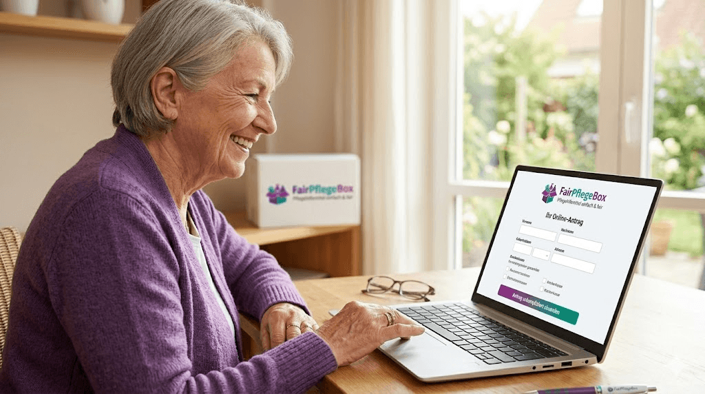 Seniorin bestellt FairPflegeBox einfach online am Laptop