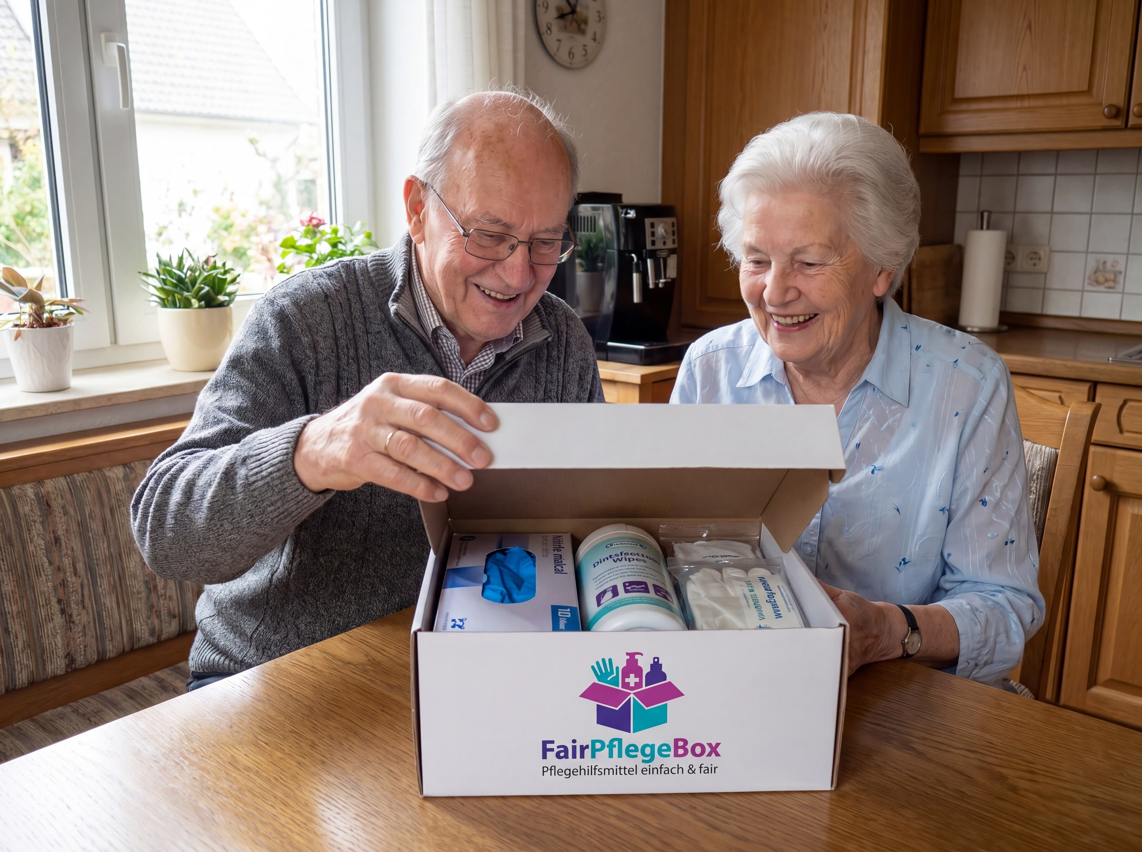 Älteres Paar freut sich über FairPflegeBox Pflegehilfsmittel zu Hause